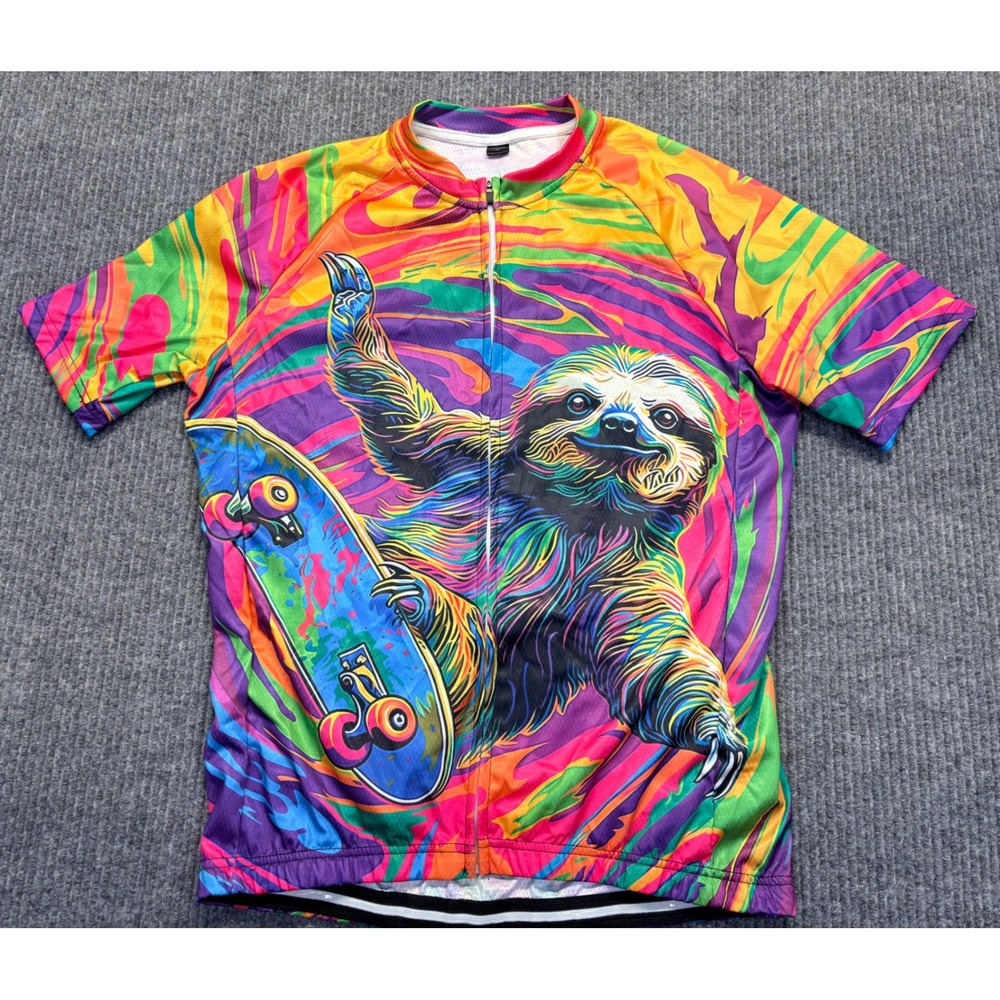 Brendel Sloth Skateboard Psychedelic Cycling Jersey Mens Large Short Sleeve Zip
